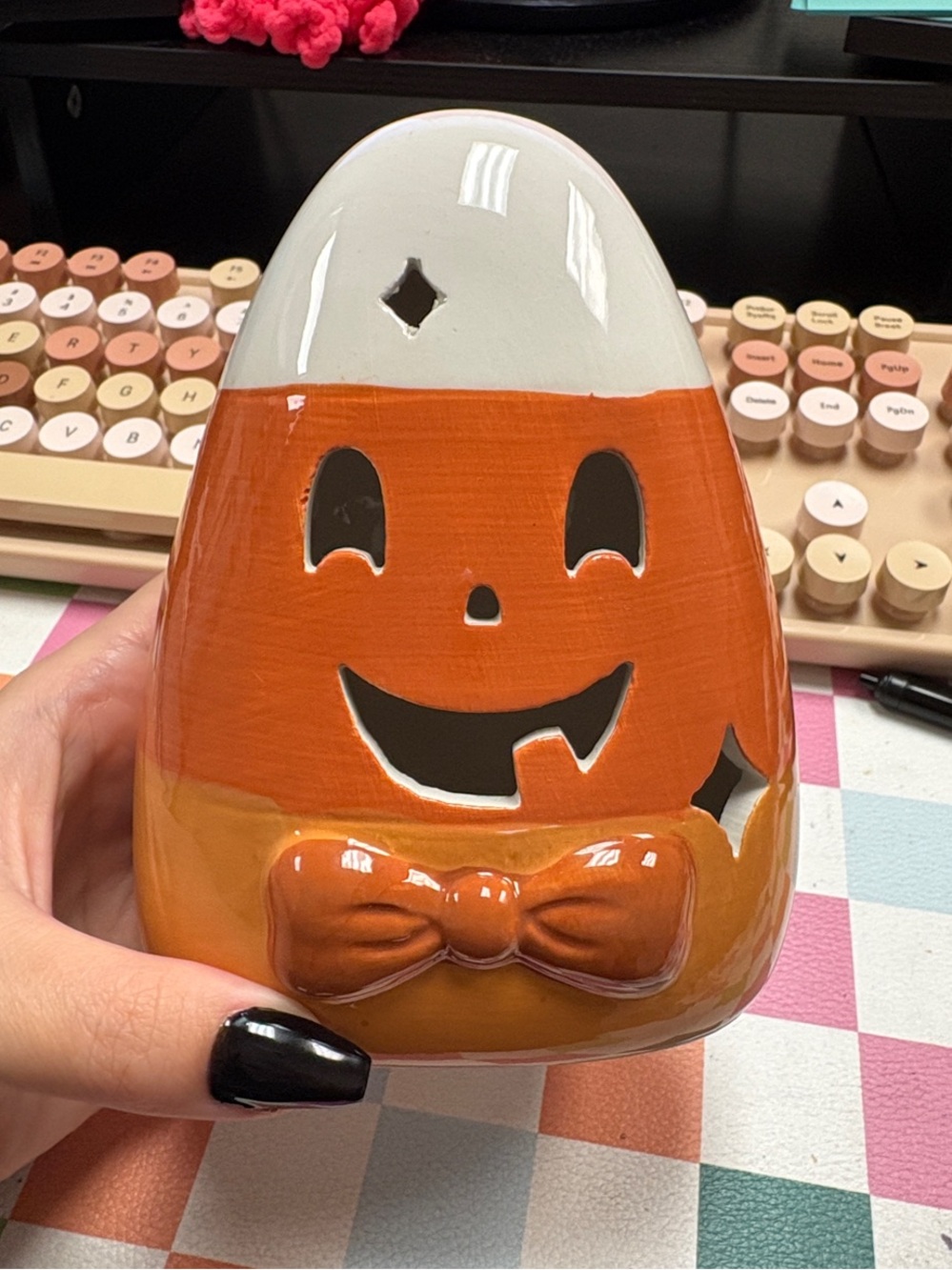 Light up Ceramic Jack-o'-Lantern Candy Corn Luminary - Orange & White